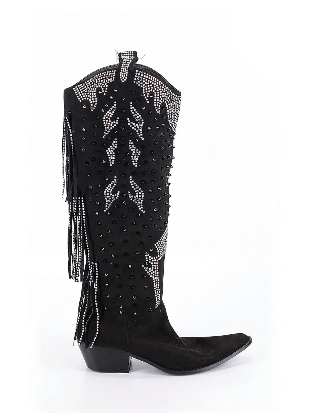 Nasty Gal Black Over-the-Knee Studded Western Boots with Crystal Detailing